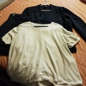 Navy and cream pinstripe suit w/cream sweater